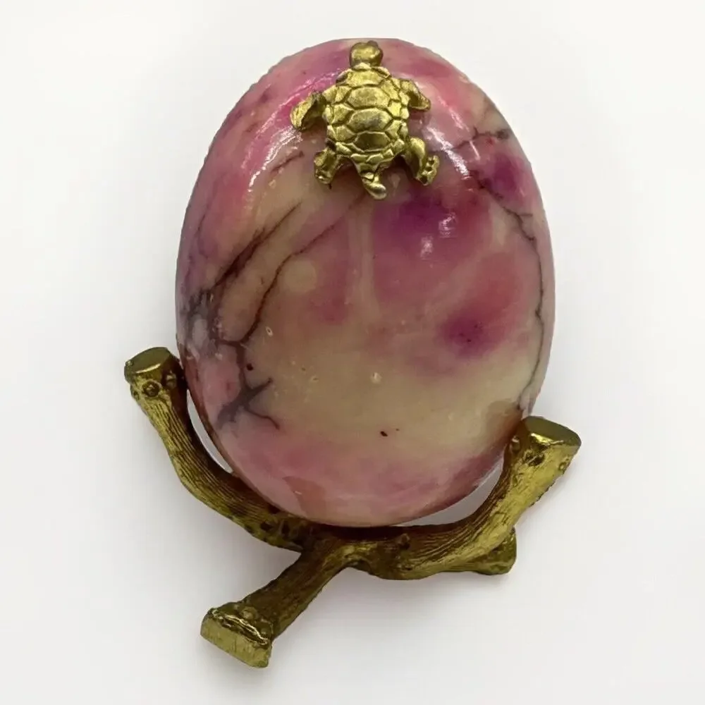 Vintage Polished Natural Stone Egg Pink Hue & Brown Yello Veins w/ Stand Turtle